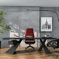 Modern Office Desk With Red Chair Black Chair Laptop Green Plant Gray Wall Painting