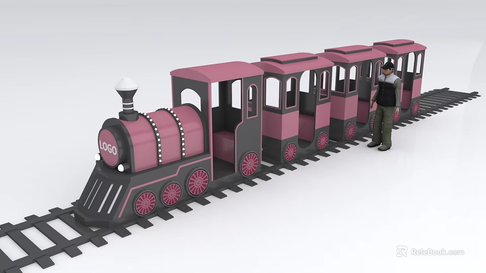 Pink And Black Toy Train With Multiple Carriages And Small Dark Clothed Figure Standing Next 3d model 