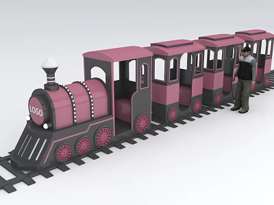Pink And Black Toy Train With Multiple Carriages And Small Dark Clothed Figure Standing Next 3d model