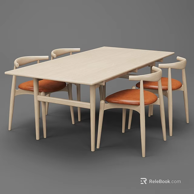Modern Minimalist Light Wood Table And Chair Set With Orange Padded Seats And Curved Backrests 3d model 