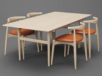Modern Minimalist Light Wood Table And Chair Set With Orange Padded Seats And Curved Backrests 3d model