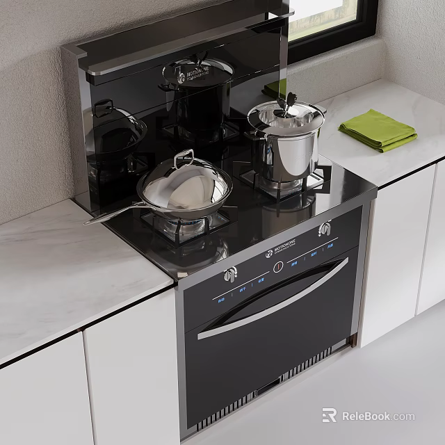 Modern Kitchen Stove With Stainless Steel Pots Pans Green Towel And Marble Countertop 3d model 