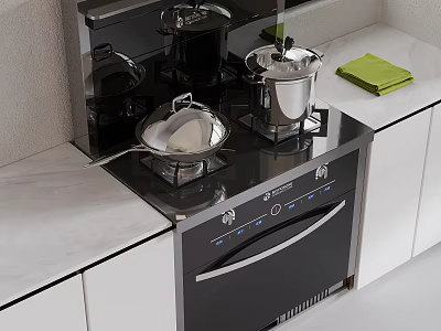 Modern Kitchen Stove With Stainless Steel Pots Pans Green Towel And Marble Countertop 3d model