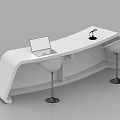 White Curved Reception Desk With Blue Panel Gray Elements Microphone And Tablet 3d model