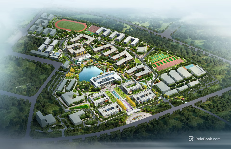 Modern School Buildings Aerial View with Sports Ground Pond Greenery and Surrounding Roads 3d model 