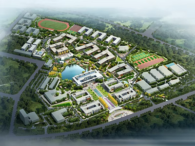 Modern School Buildings Aerial View with Sports Ground Pond Greenery and Surrounding Roads 3d model