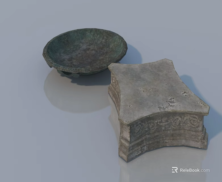 Classic Sofa and Coffee Table Set With Stone Carved Patterns and Green Decorative Bowl 3d model 