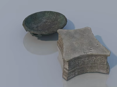 Classic Sofa and Coffee Table Set With Stone Carved Patterns and Green Decorative Bowl 3d model