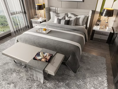 Double Bed With Gray Bedding Pillows And Nightstands Table Lamps Window View Bench And Rug 3d model