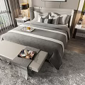 Double Bed With Gray Bedding Pillows And Nightstands Table Lamps Window View Bench And Rug