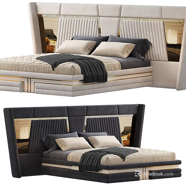 Elegant Upholstered Double Bed With Gray Black Headboard Metal Accents And Soft Pillows 3d model 
