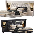 Elegant Upholstered Double Bed With Gray Black Headboard Metal Accents And Soft Pillows