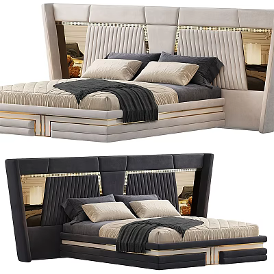 Elegant Upholstered Double Bed With Gray Black Headboard Metal Accents And Soft Pillows 3d model