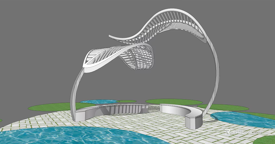 Modern Outdoor Chairs With Curved Canopy Structure Water Features And Paved Flooring 3d model 