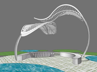 Modern Outdoor Chairs With Curved Canopy Structure Water Features And Paved Flooring 3d model