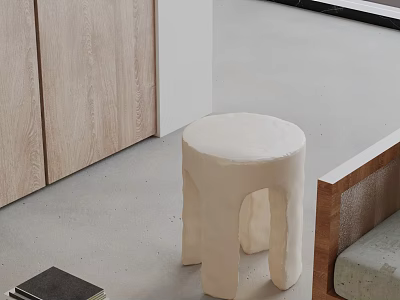 Modern Minimalist Round White Side Table With Wooden Cabinet And Gray Floor 3d model