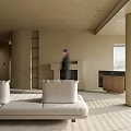 Modern Living Dining Room Interior With Large Windows Blinds Sofa Fireplace And Natural Light