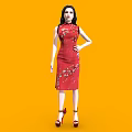 Woman In Red Floral Qipao Red High Heels Shown From Different Angles On Orange Background