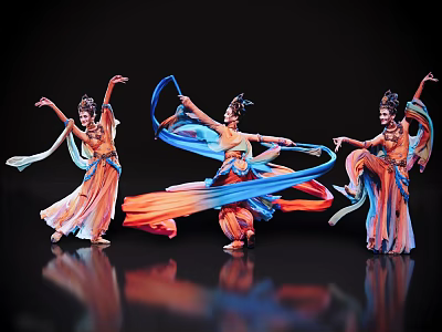 Women Dancing in Traditional Costumes with Colorful Flowing Ribbons on Black Background with Reflections 3d model