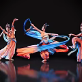 Women Dancing in Traditional Costumes with Colorful Flowing Ribbons on Black Background with Reflections
