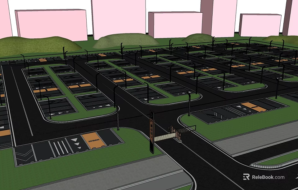 Detailed 3D Model of Parking Lot With Roads Lawns and Street Lights 3d model 