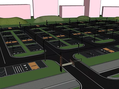Detailed 3D Model of Parking Lot With Roads Lawns and Street Lights 3d model