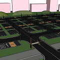 Detailed 3D Model of Parking Lot With Roads Lawns and Street Lights