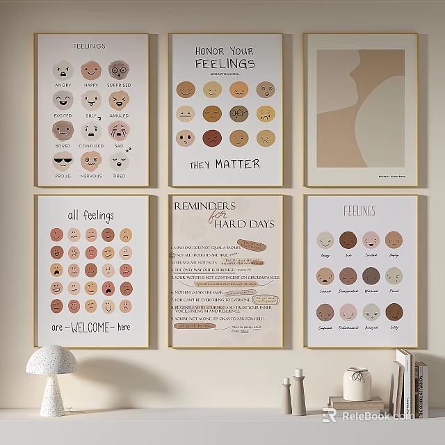 Abstract Paintings Wall Art With Various Circular Dots Text Elements And Soft Color Tones 3d model