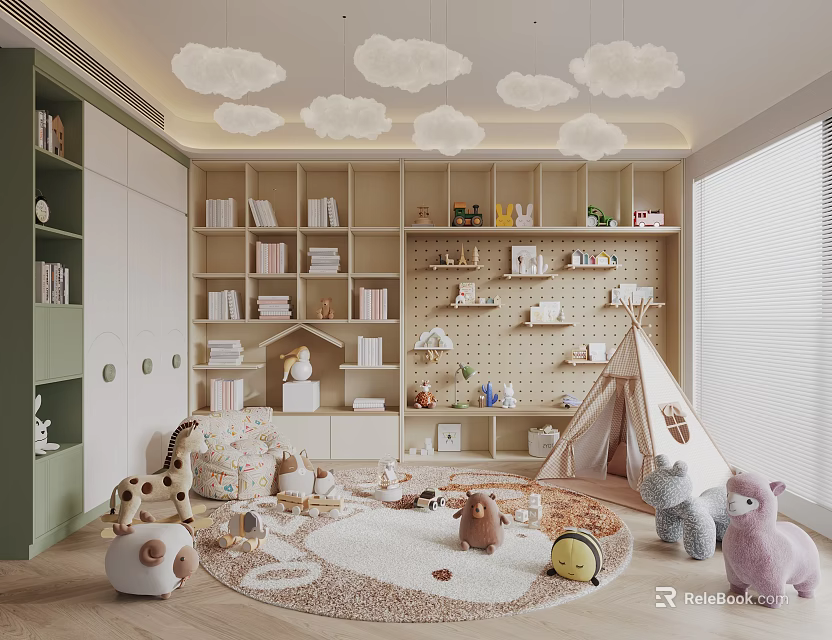 Cozy Playroom With Cloud Lights Bookshelves Teepee And Plush Toys 3d model 