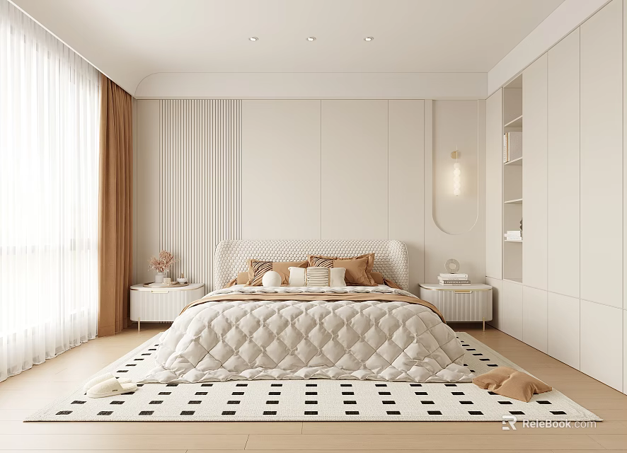 Modern Minimalist Bedroom Interior With Quilted Bed Wooden Flooring And Bedside Tables 3d model 