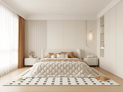 Modern Minimalist Bedroom Interior With Quilted Bed Wooden Flooring And Bedside Tables 3d model