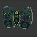 Modern Black And Yellow Electronic Speakers With Colorful Ring Lights And Central Control Panel