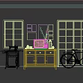 Vintage Daily Living Items With Green Windows Dark Cabinet Bicycle And Decorative Paintings