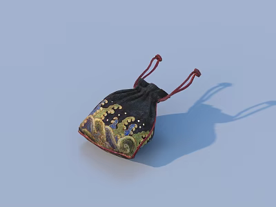 Delicate Black Drawstring Bag with Floral Embroidered Pattern and Red Drawstrings for Daily Use 3d model