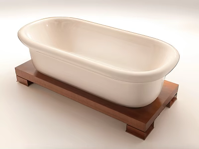 White Ceramic Bathtub Placed on Brown Wooden Stand in Modern Bathroom 3d model