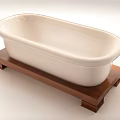 White Ceramic Bathtub Placed on Brown Wooden Stand in Modern Bathroom