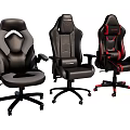 Set of Three Ergonomic Black Leather Office Chairs With High Back And Red Accents