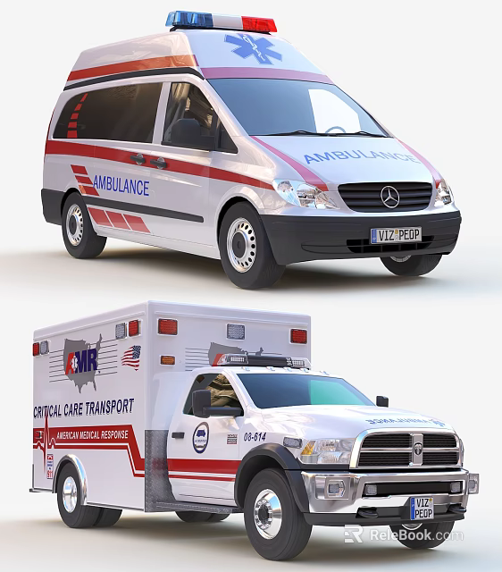 Emergency Ambulance Functional Vehicles Mercedes Dodge For Critical Care Transport With American Flag 3d model 
