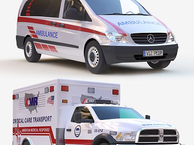 Emergency Ambulance Functional Vehicles Mercedes Dodge For Critical Care Transport With American Flag 3d model