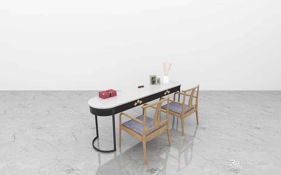 Modern Dressing Table With Marble Top Wooden Chairs Purple Cushions Red Box And Green Frame 3d model 