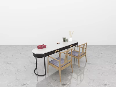 Modern Dressing Table With Marble Top Wooden Chairs Purple Cushions Red Box And Green Frame 3d model