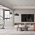 Modern Minimalist Living Room With Grey Sofa Round Coffee Tables Open Shelves And Hanging Chair