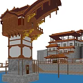Cartoon Scene of Traditional Chinese Wooden Architecture with Red Windows Overhanging Eaves and Mountain Backdrop