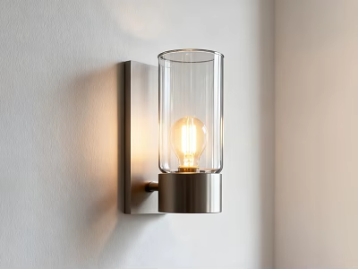 Modern Wall Sconce With Metal Frame Transparent Glass Shade And Illuminated Bulb On White Wall 3d model