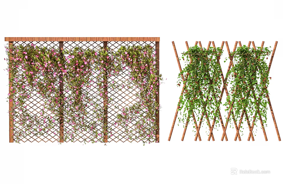 Vines Growing On Grid And Cross Wooden Fences With Pink Flowers And Green Leaves 3d model 
