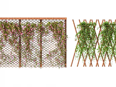Vines Growing On Grid And Cross Wooden Fences With Pink Flowers And Green Leaves 3d model