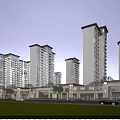 Modern High Rise Residential Buildings With Commercial Podium Green Landscaping and Road Vehicles