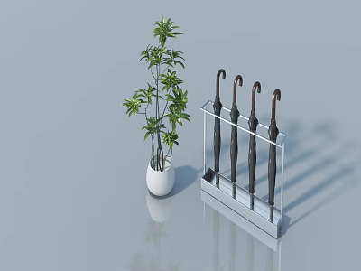 Modern Landscape Sculpture With Potted Green Plant And Metal Umbrella Stand 3d model