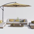 Modular Outdoor Sofa With Beige Umbrella Yellow Cushions And Wooden Coffee Table 3d model
