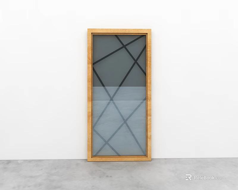 Modern Wooden Frame Room Divider With Glass Panel And Black Geometric Lines 3d model 